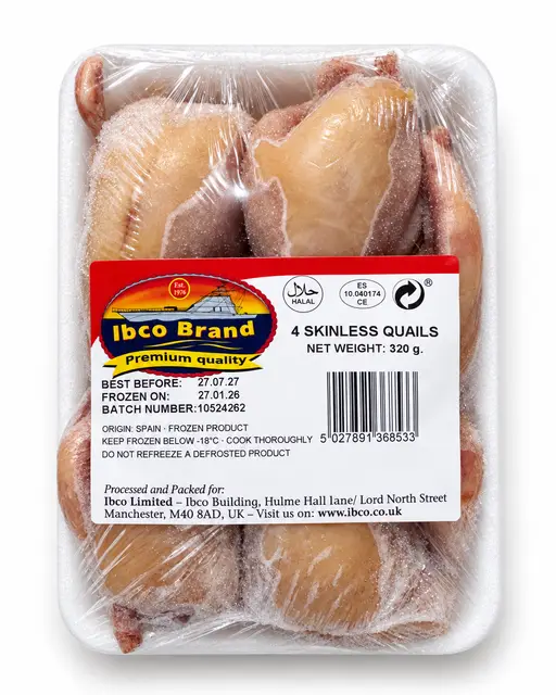 Whole skinless quails, 4 per pack, halal, frozen. Ibco Brand. Origin: Spain.