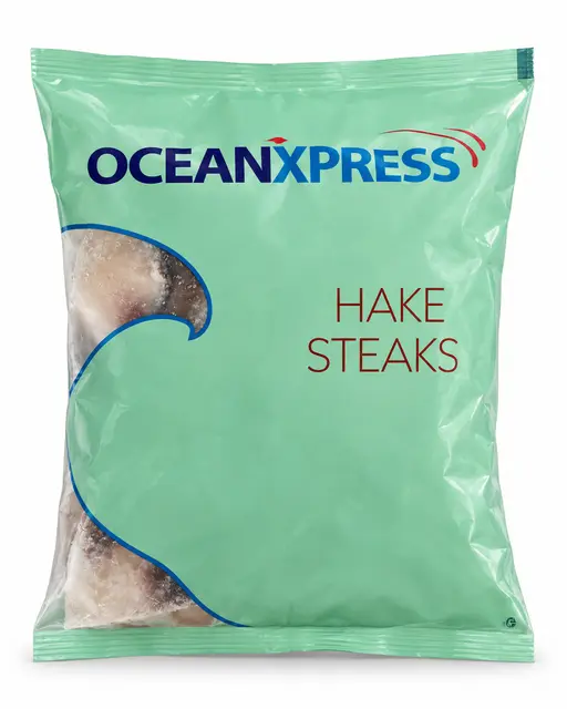 Hake steaks, frozen. OceanXpress brand.