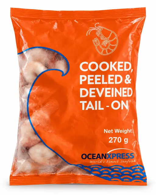 Cooked, peeled and deveined prawns, tail-on, grade 41/51, frozen. OceanXpress brand.