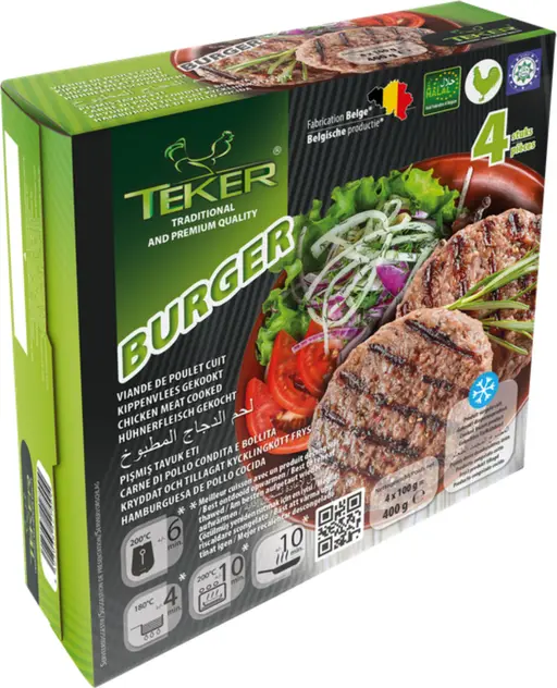 TEKER chicken burger patties, ready to grill or pan-fry from frozen. Four patties per pack.