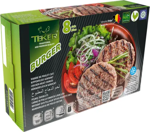 TEKER chicken burger patties, ready to grill or pan-fry from frozen. Eight patties per pack.