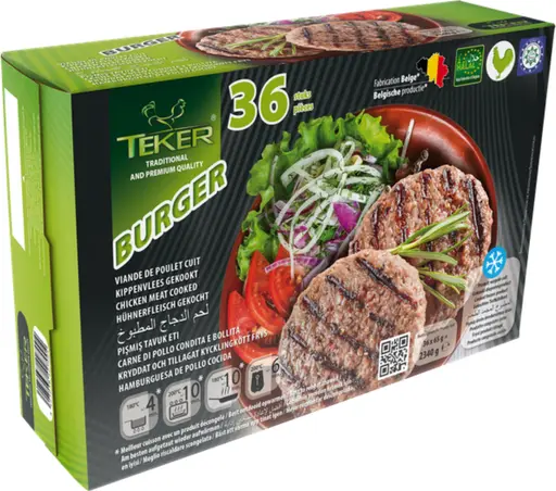 TEKER chicken burger patties, ready to grill or pan-fry from frozen. Catering pack of 36 patties.