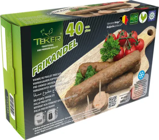 TEKER frikandel — skinless chicken sausages, ready to fry or grill from frozen. 40 pieces per case.