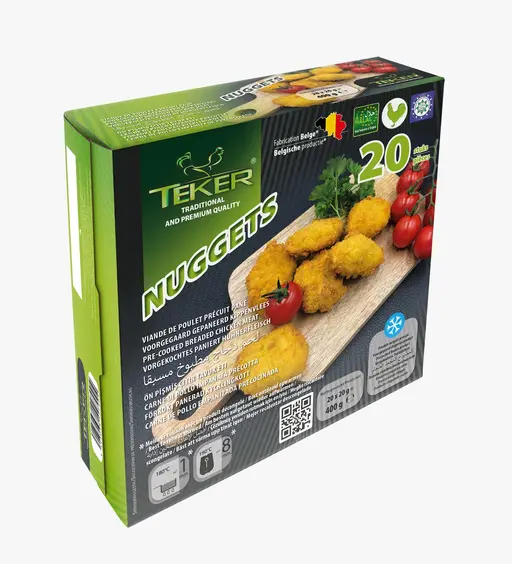TEKER pre-cooked breaded chicken nuggets, ready to oven-bake or fry from frozen. Twenty nuggets per 400 g pack.
