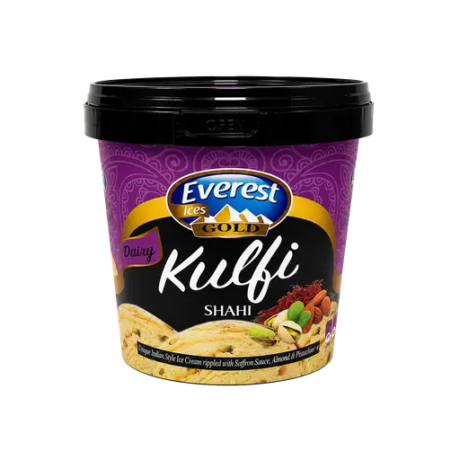 Everest Shahi kulfi in a round take-home tub — traditional Indian saffron-cardamom frozen dessert.