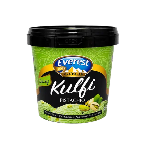 Everest pistachio kulfi in a round take-home tub — traditional Indian frozen dessert.