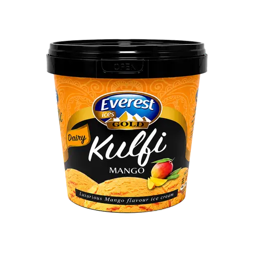 Everest mango kulfi in a round take-home tub — traditional Indian frozen dessert.