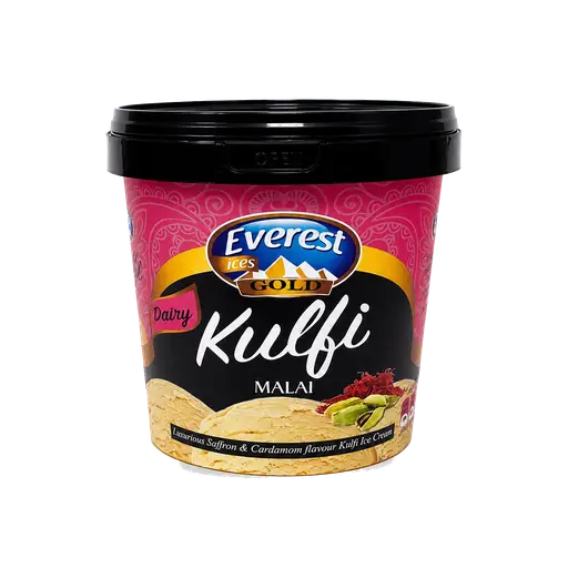 Everest malai (cream) kulfi in a round take-home tub — traditional Indian frozen dessert.