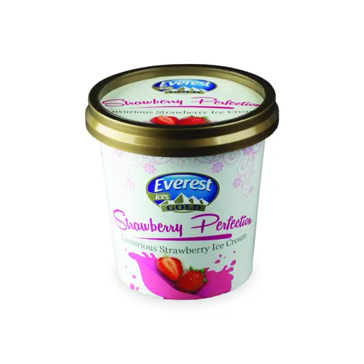 Everest Gold Cups strawberry ice cream, single-serve 125 ml cups, twelve per case.