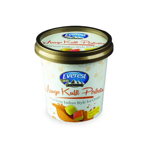 Everest Gold Cups mango kulfi, single-serve 125 ml cups, twelve per case.