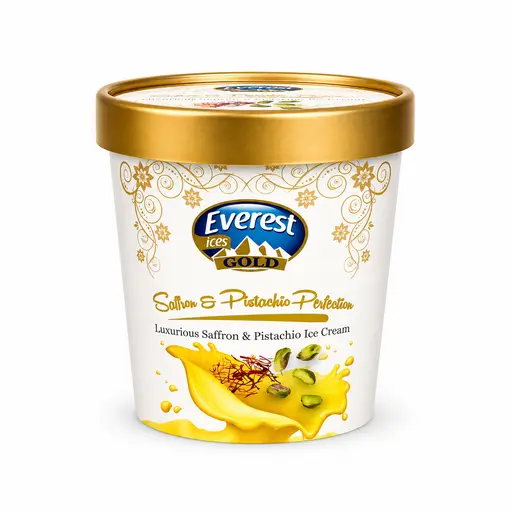 Everest Gold Cups kesar (saffron) pista ice cream, single-serve 125 ml cups, twelve per case.