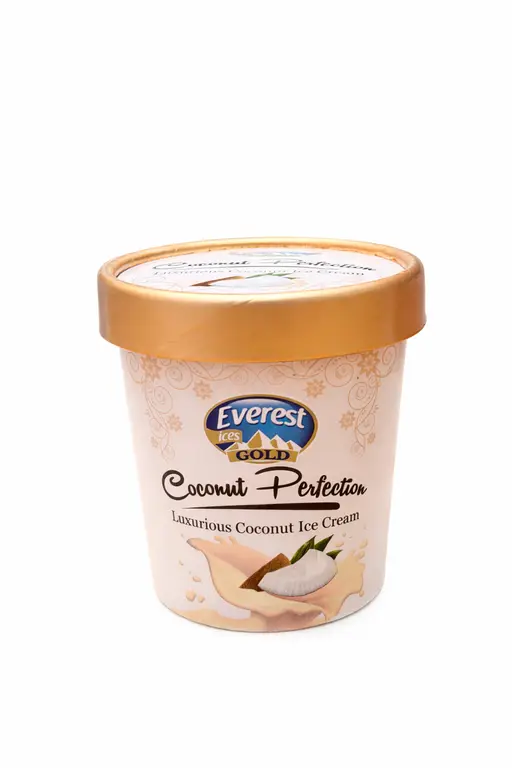 Everest Gold Cups coconut ice cream, single-serve 125 ml cups, twelve per case.