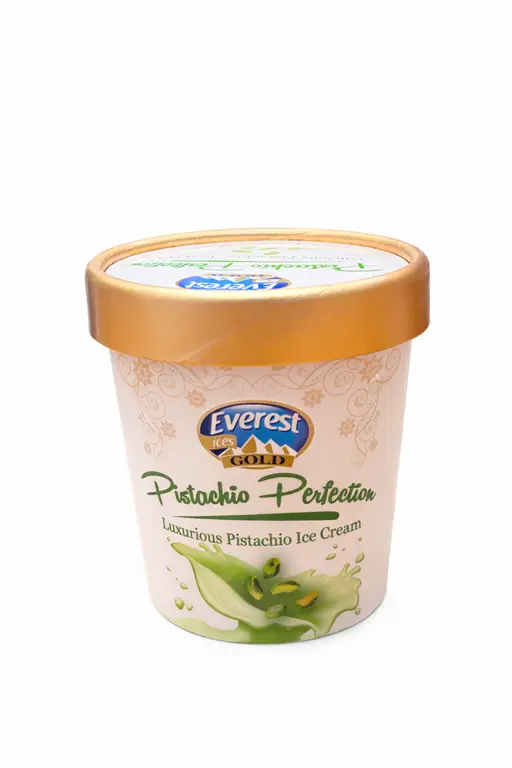 Everest Gold Cups pistachio ice cream, single-serve 125 ml cups, twelve per case.