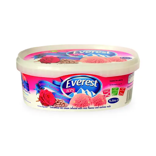 Everest cashew nut and rose (kaju gulab) ice cream in a 1 litre tub, six per case.