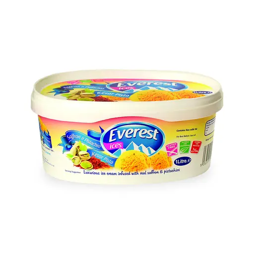 Everest saffron and pistachio (kesar pista) ice cream in a 1 litre tub, six per case.