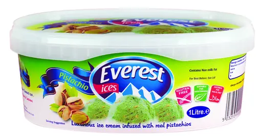 Everest pistachio ice cream in a 1 litre tub, six per case.