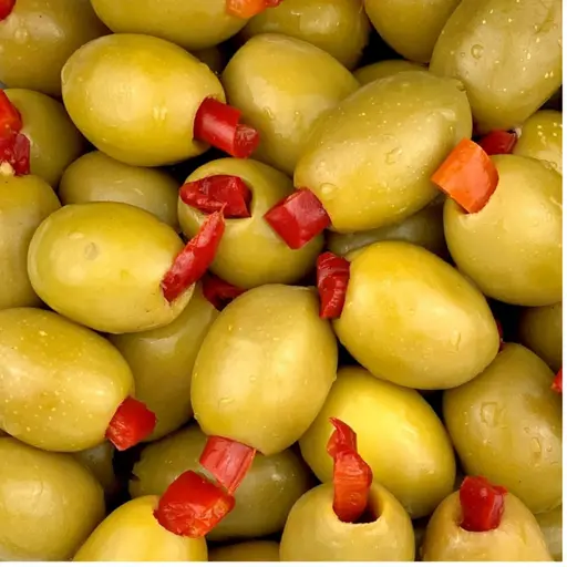 Green olives stuffed with red pepper.