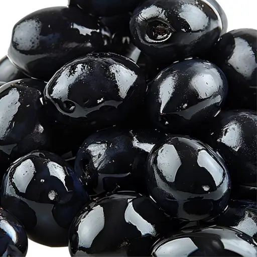 Whole black olives in brine.