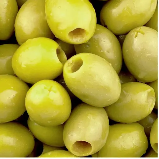Pitted green olives in brine.