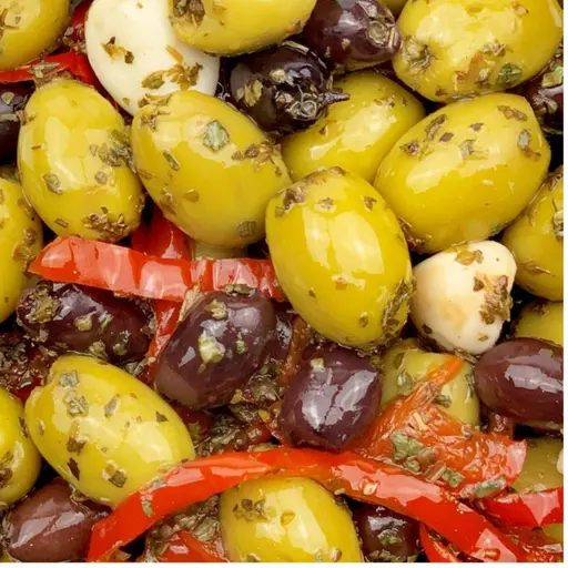 Mykonos-style marinated olives.