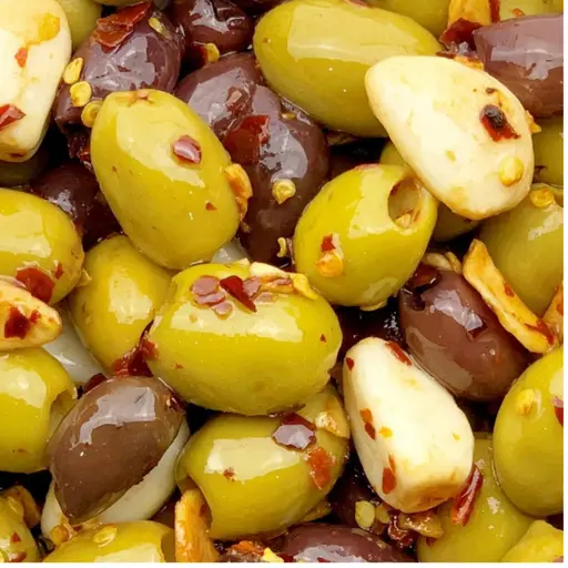 Marinated olives with chilli and garlic.