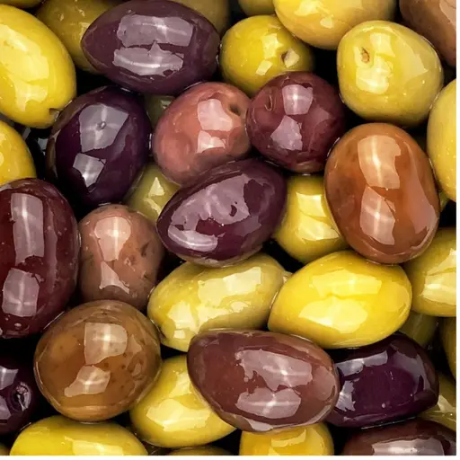 Whole mixed olives in brine.